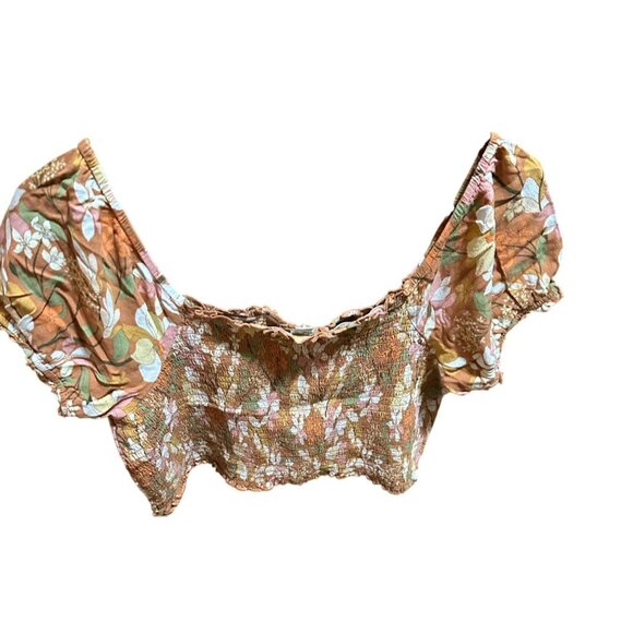 Aerie Peasant Square Neck Smocked Top With Floral Pattern & Puff Sleeves Size L - Picture 2 of 6